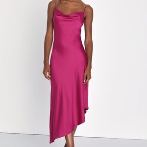 Lulus Iconic Stunner Magenta Satin Cowl Neck Asymmetrical Midi Dress Pink